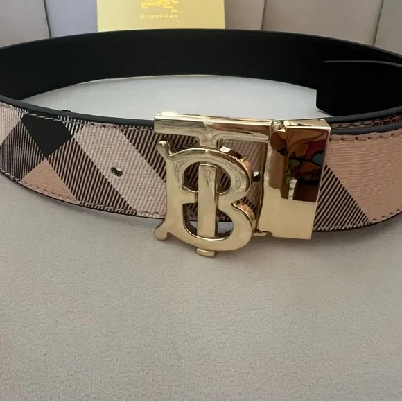 Burberry Monogram Check TB Logo Gold Buckle Plaid Belt Beige Gold Luxe Holiday - Picture 9 of 17